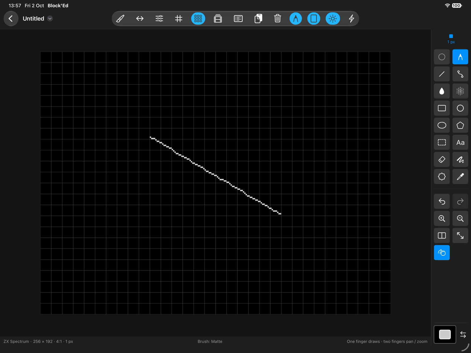 The Block'Ed editor on iPad, with a ZX Spectrum canvas and the toolstrip beside it